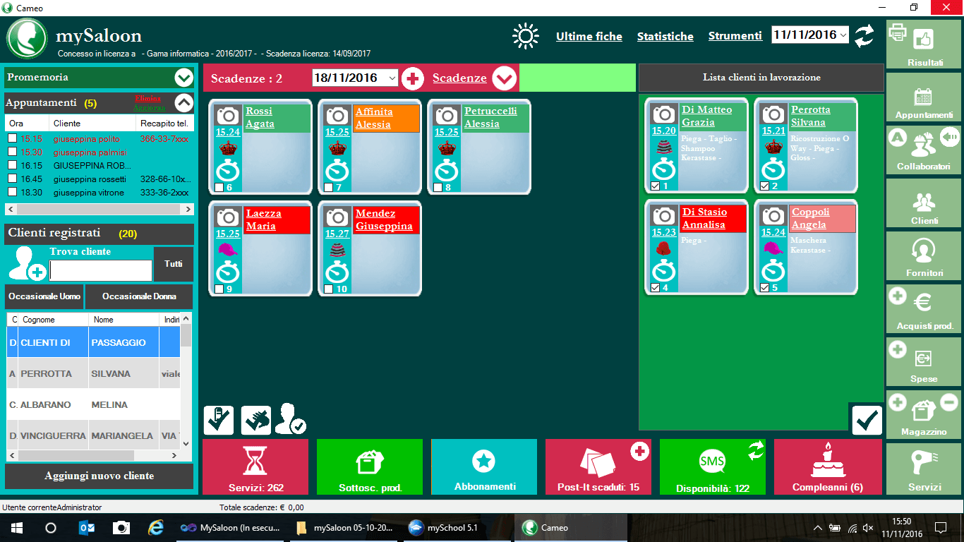 Dashboard generale di mySaloon con agenda, appuntamenti, clienti e menu operativo per il salone.