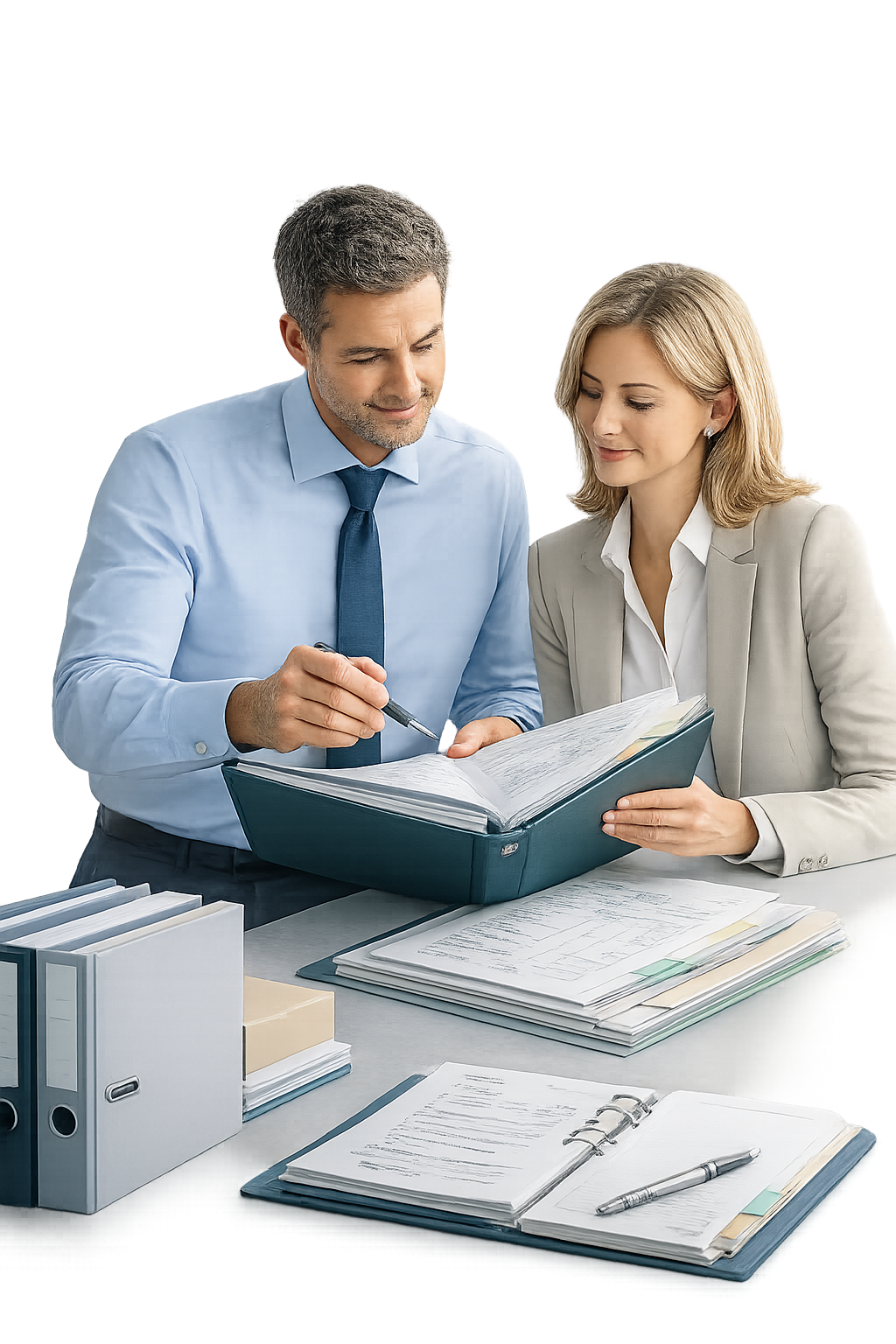 Professionisti al lavoro con fascicolo per i vantaggi di GIS Com