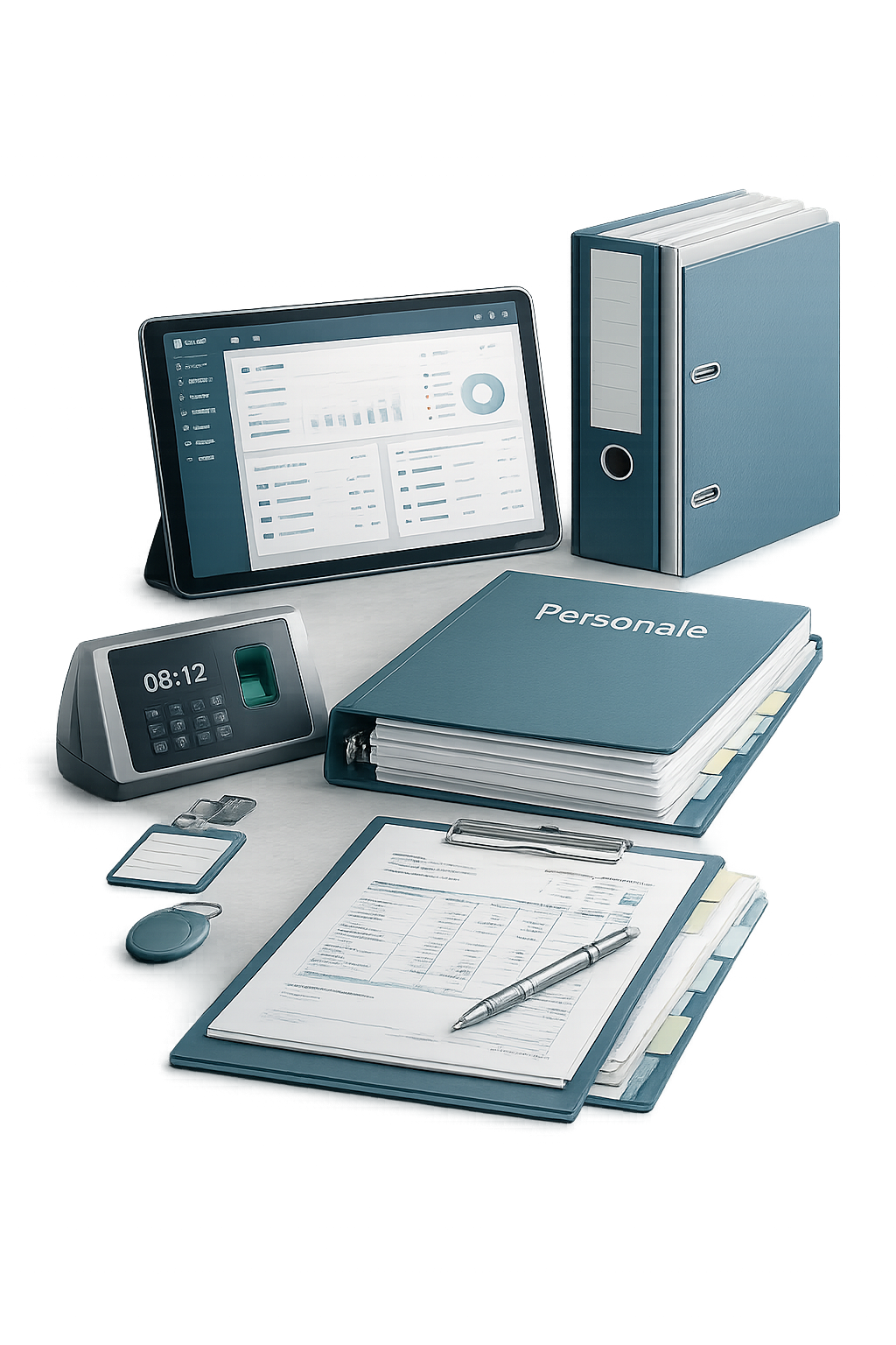 Strumenti per gestione paghe e dati del personale con tablet e terminale presenze